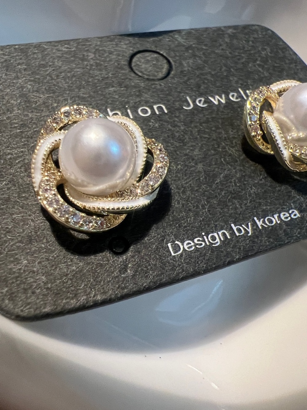 Gold Pearl Stud Earrings with CZ Halo | Elegant Knot Design